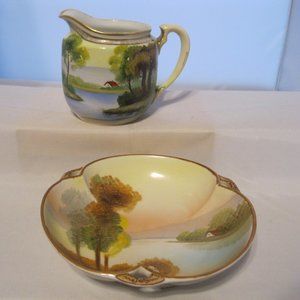 Vintage Nippon Hand Painted Creamer & Serving Dish
